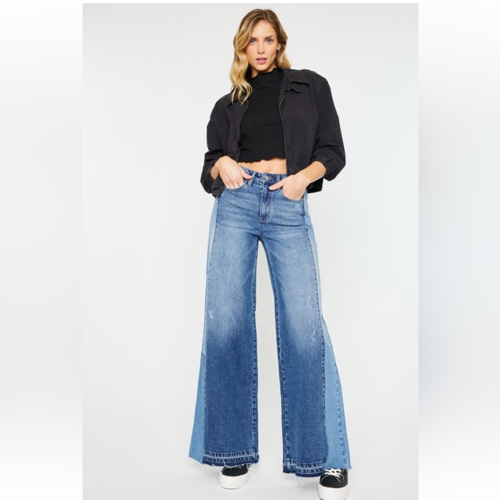 121. Striped flare wide leg jean